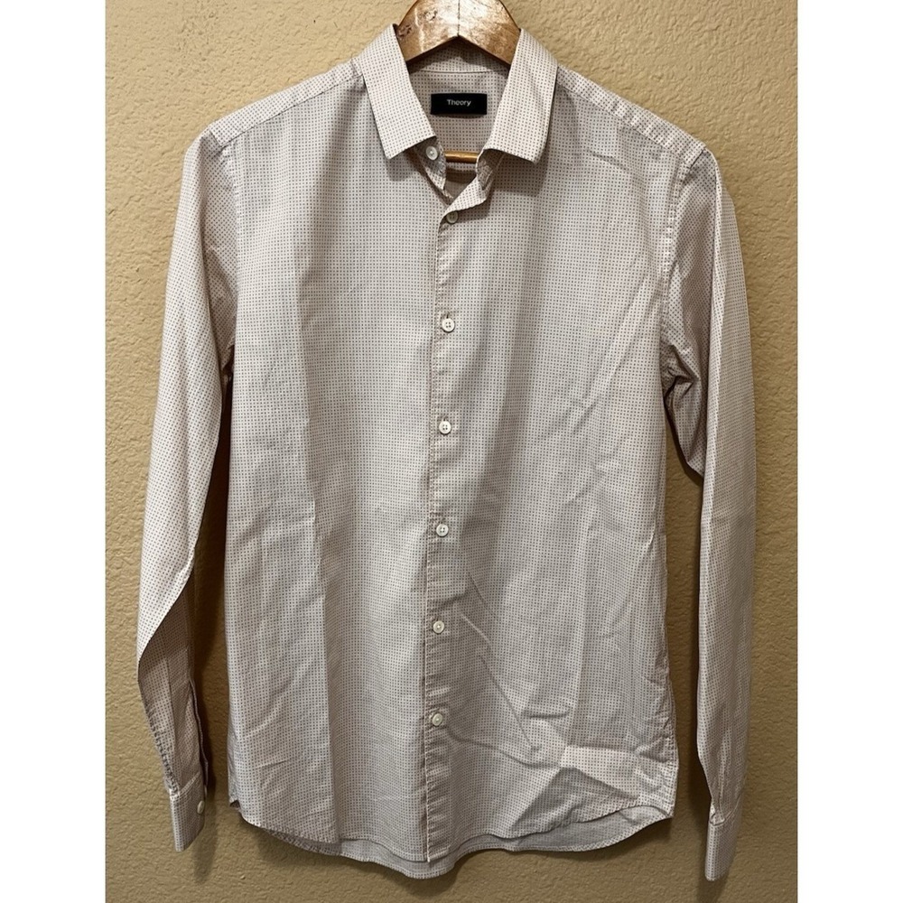Theory Button Cotton Casual Dress Shirt Small Pink Gray Long Sleeve Dot